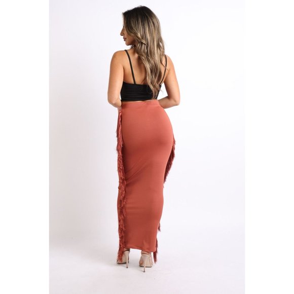 Women's Sexy Fringe Maxi Bodycon Midi Pencil Skirt High Waisted Tassels Side - Picture 9 of 12